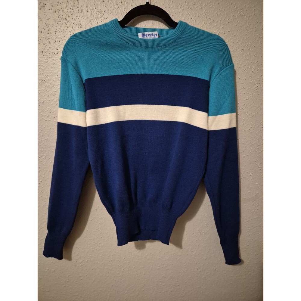 Meister 100% New Wool S Crew Neck Sweater Jumper Varsity Striped Nautical USA